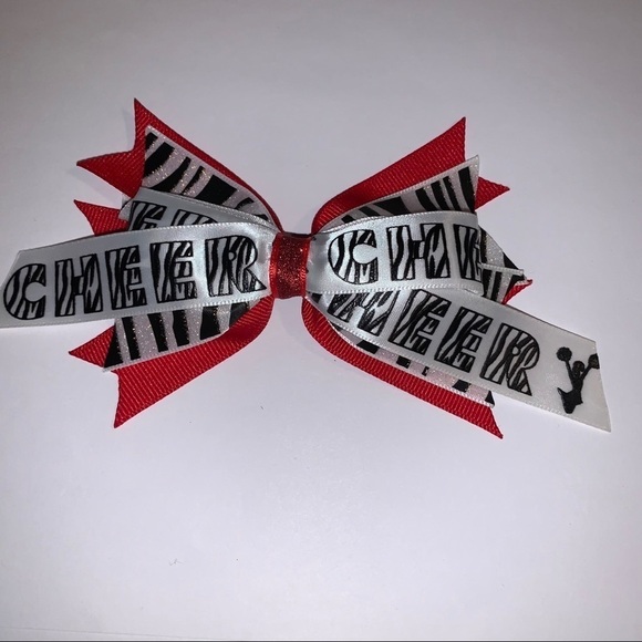Cheer Hair Bow, Red base with Black & White Stripes - Picture 1 of 2